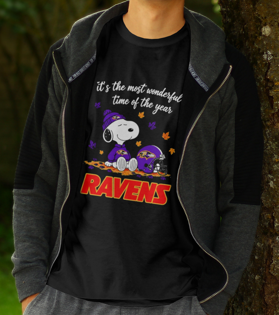 Baltimore Ravens It's The Most Wonderful Time Of Year Snoopy Sitting Leaves Football Helmet T-Shirt