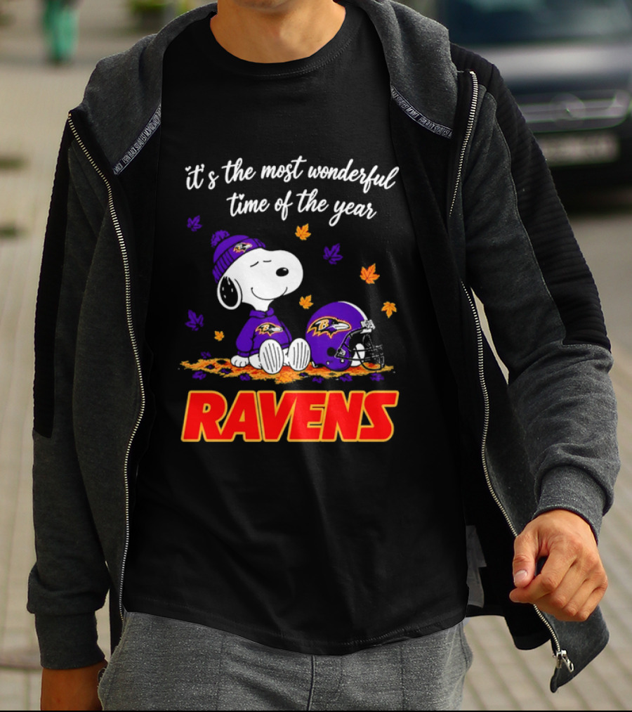 Baltimore Ravens It's The Most Wonderful Time Of Year Snoopy Sitting Leaves Football Helmet T-Shirt