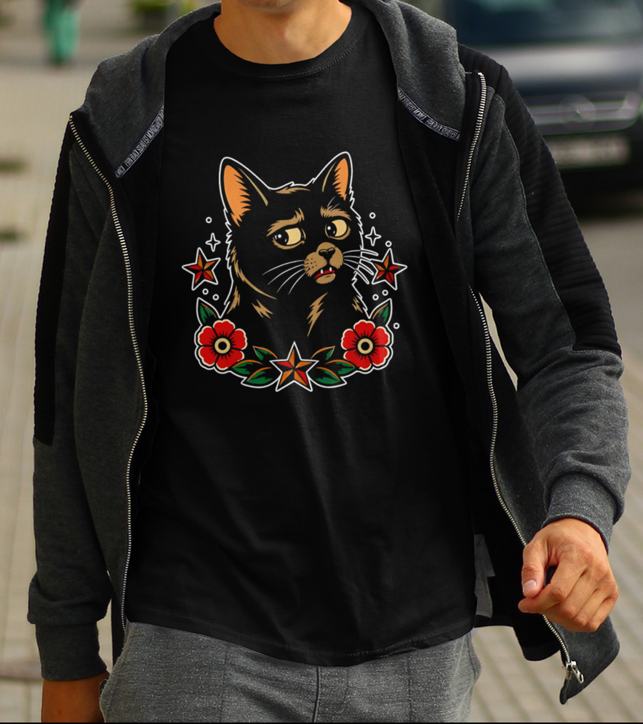 Black Cat Surrounded By Stars And Red Flowers T-Shirt