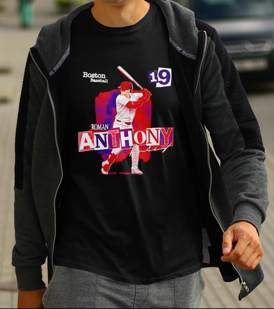 Boston Baseball 19 Roman Anthony Player Batting Red Paint T-Shirt