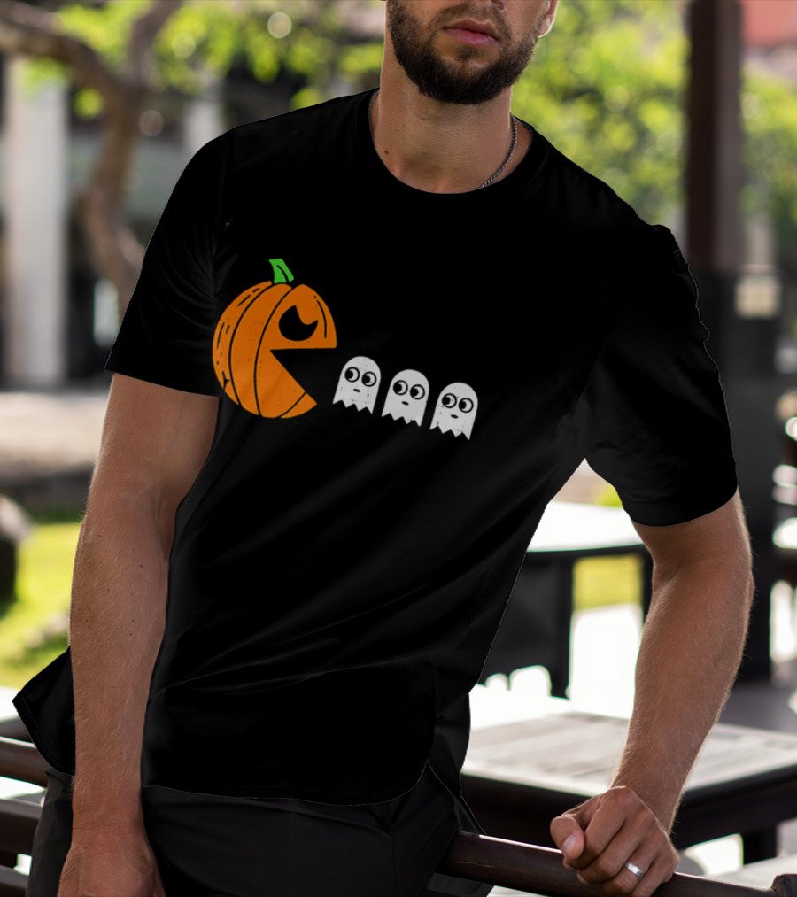Halloween Pumpkin Pac Man Chasing White Ghosts Distressed Cartoon T-Shirt