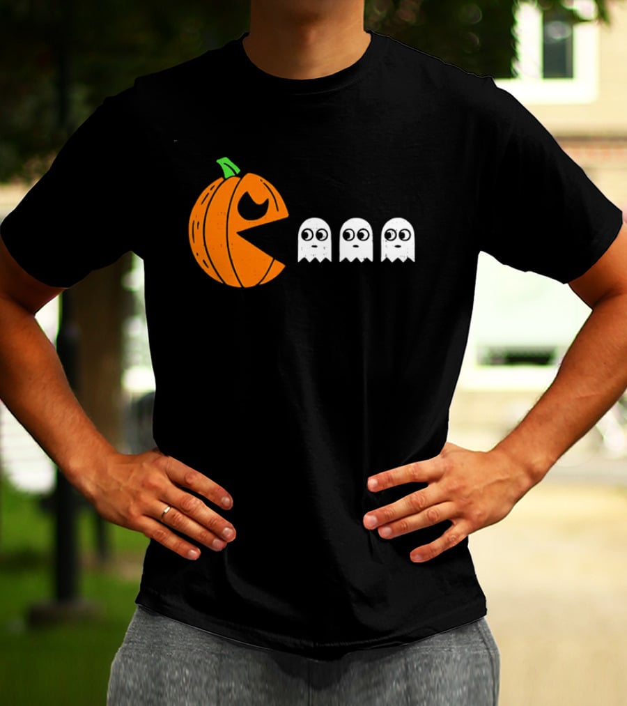 Halloween Pumpkin Pac Man Chasing White Ghosts Distressed Cartoon T-Shirt
