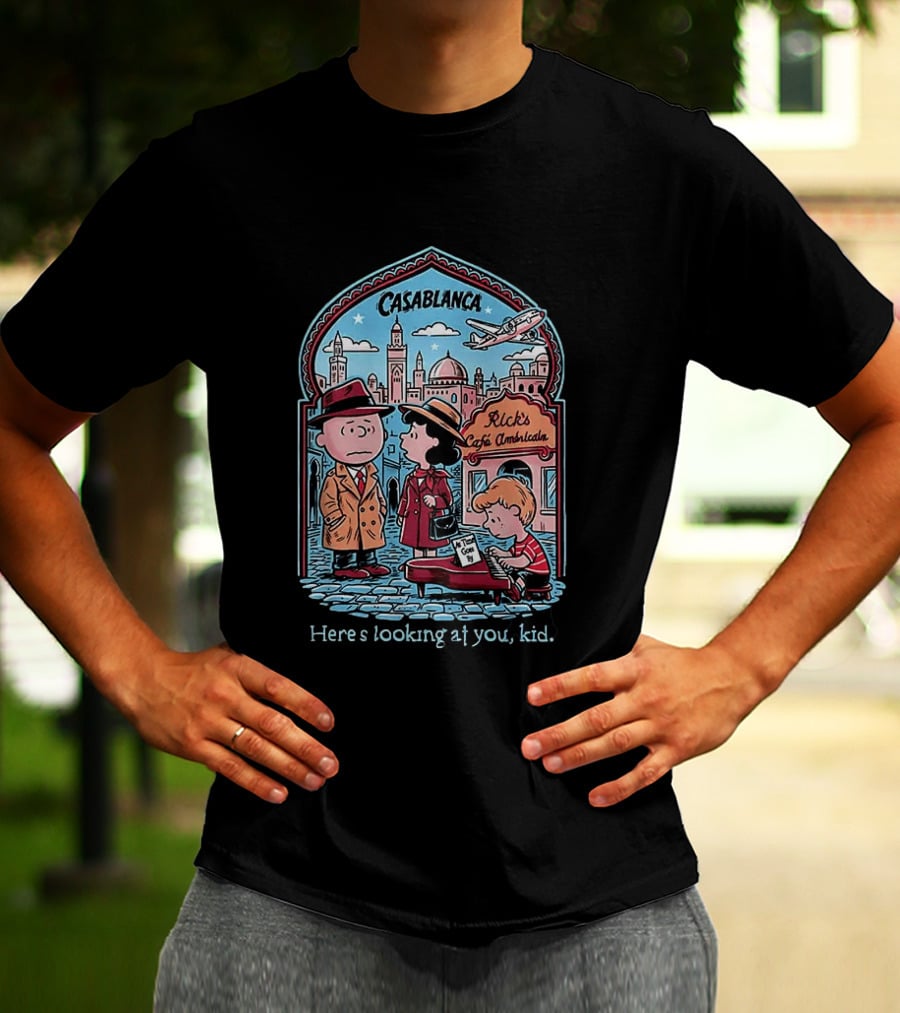 Charlie Brown Lucy Linus Peanuts Casablanca Rick's Café Americain Here's Looking At You Kid T-Shirt