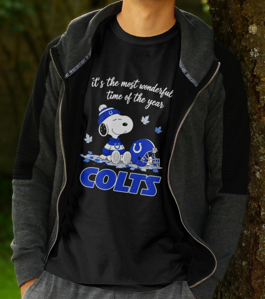 Indianapolis Colts Snoopy Beanie Helmet Leaves It's The Most Wonderful Time Of The Year T-Shirt