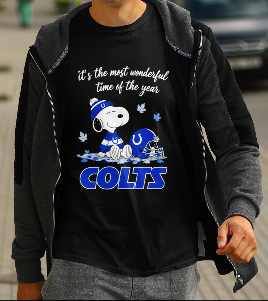 Indianapolis Colts Snoopy Beanie Helmet Leaves It's The Most Wonderful Time Of The Year T-Shirt
