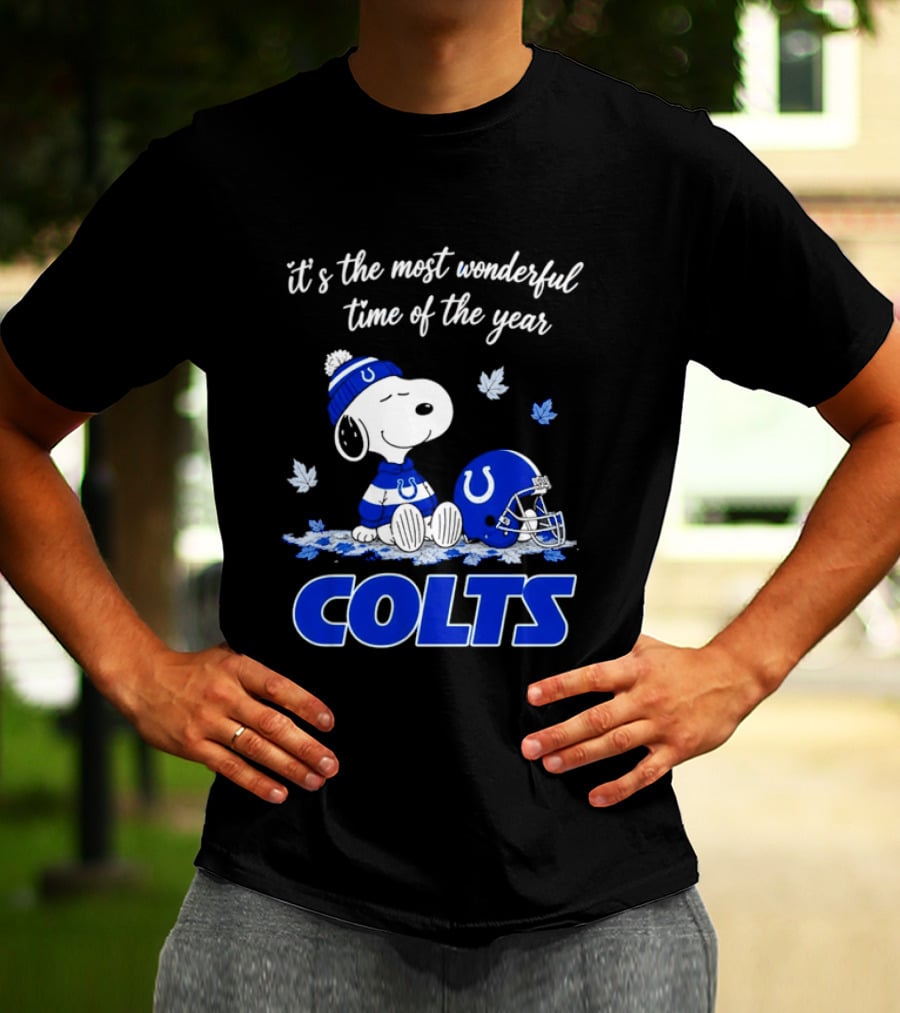 Indianapolis Colts Snoopy Beanie Helmet Leaves It's The Most Wonderful Time Of The Year T-Shirt