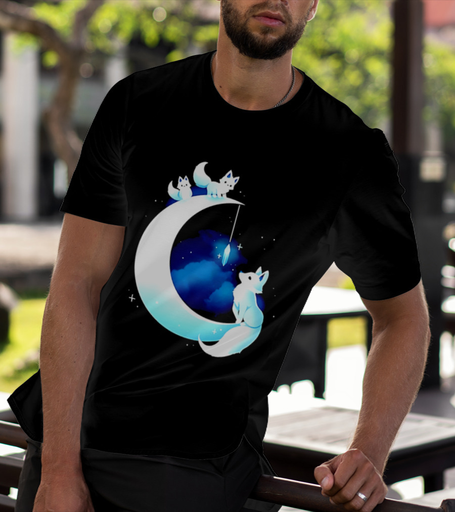 Glowing White Arctic Foxes Crescent Moon Crystal Night Sky T-Shirt