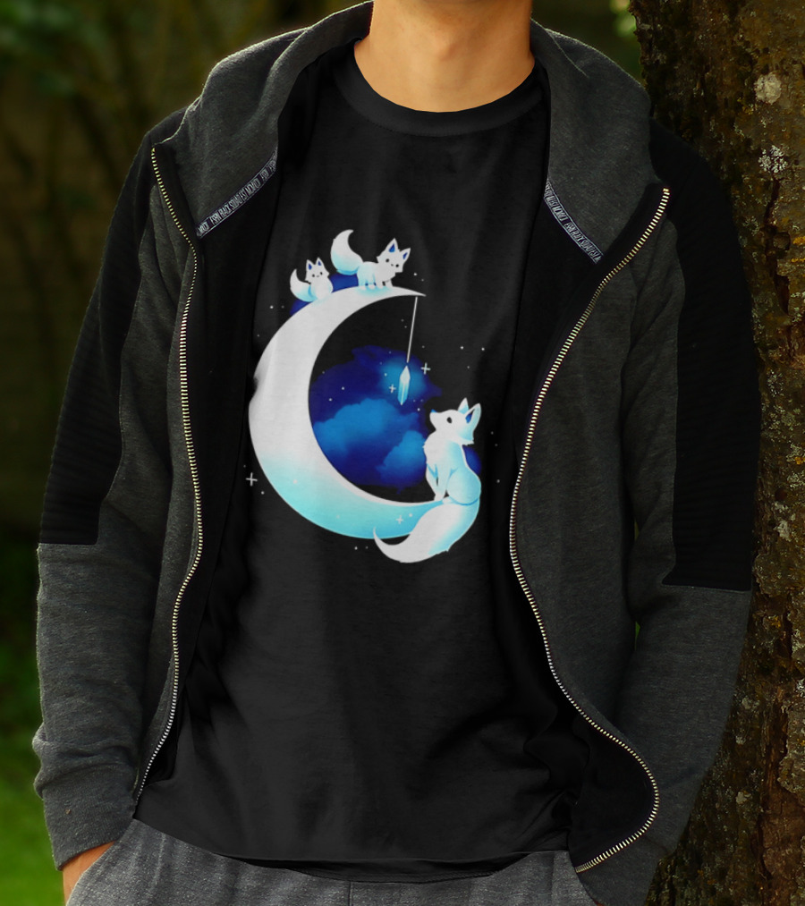Glowing White Arctic Foxes Crescent Moon Crystal Night Sky T-Shirt