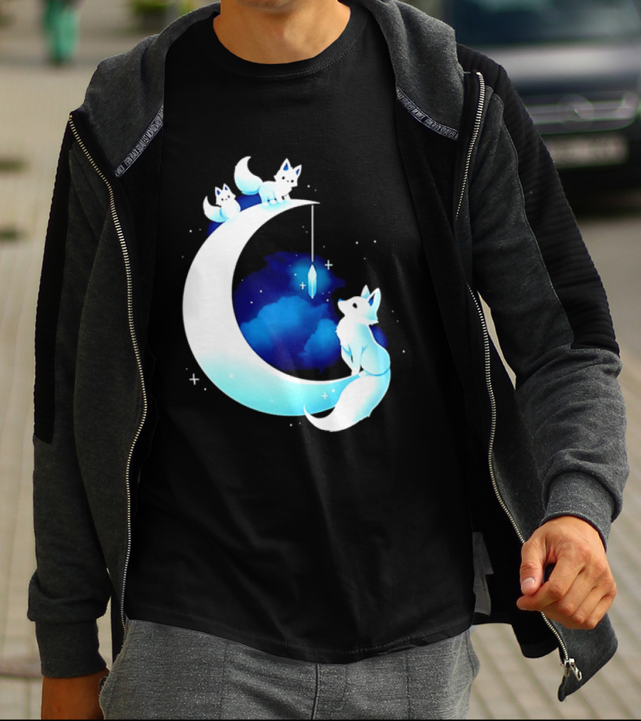 Glowing White Arctic Foxes Crescent Moon Crystal Night Sky T-Shirt