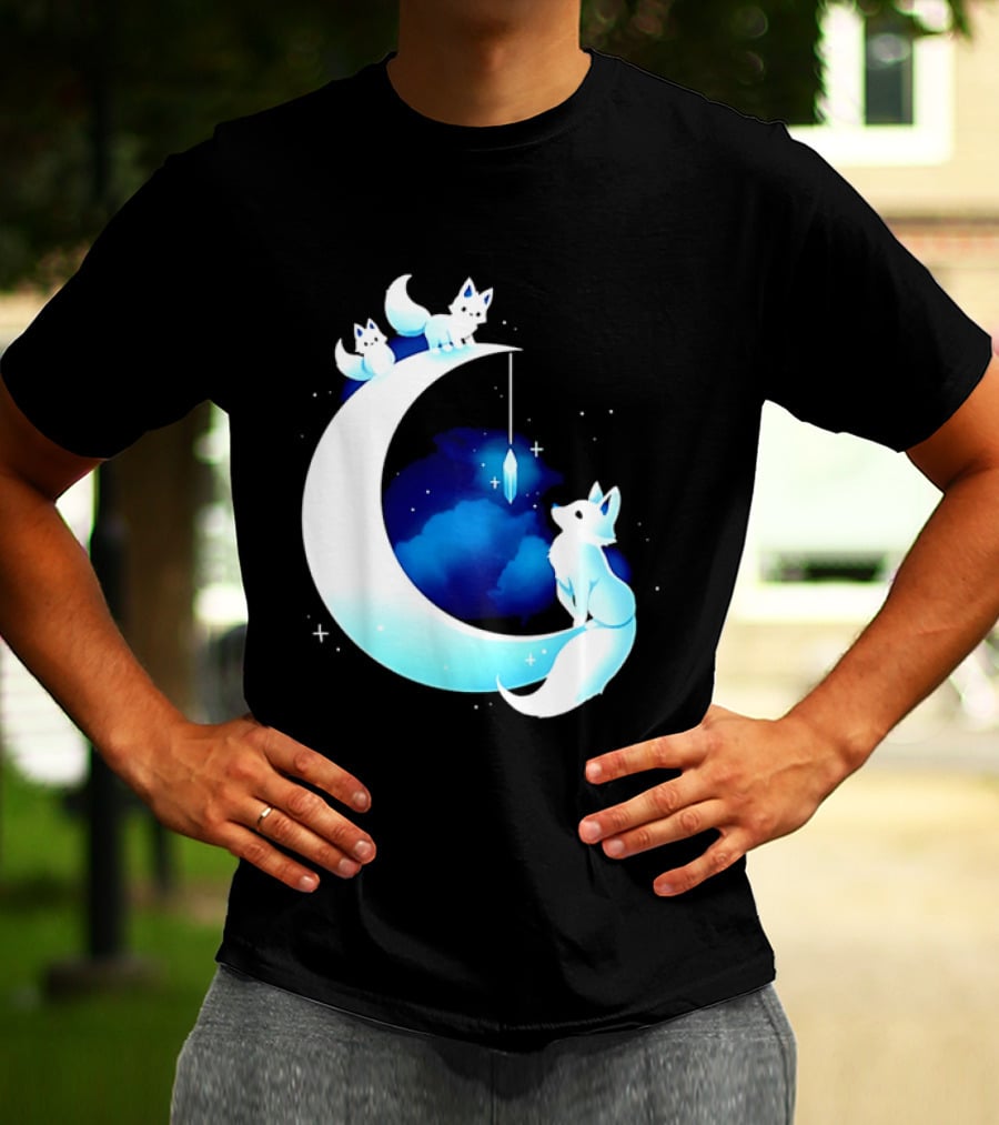 Glowing White Arctic Foxes Crescent Moon Crystal Night Sky T-Shirt