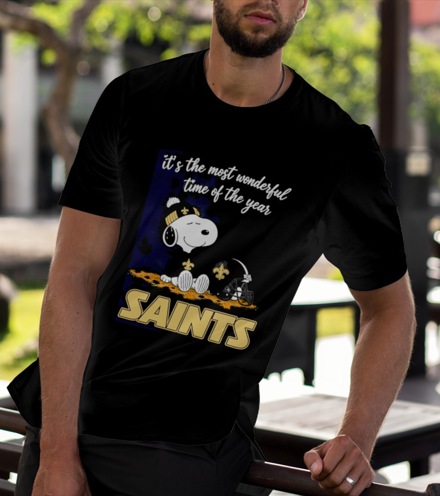 New Orleans Saints Snoopy Beanie Helmet Autumn Leaves Most Wonderful Time Of Year T-Shirt