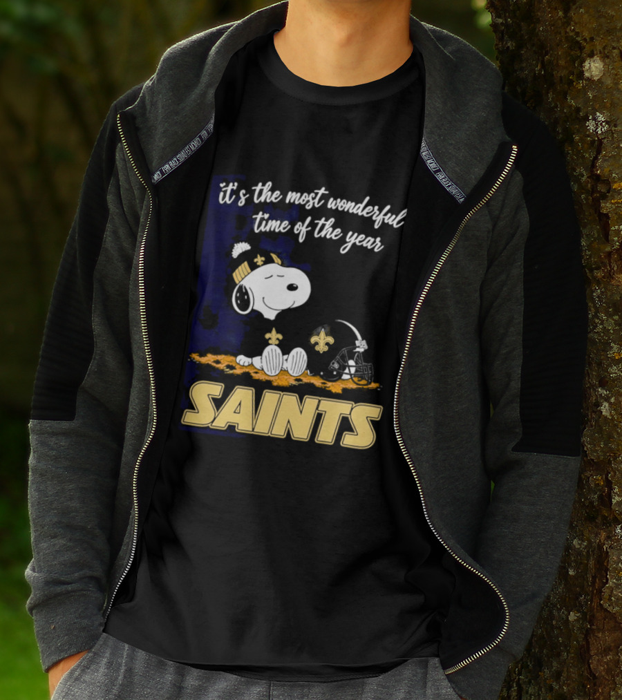 New Orleans Saints Snoopy Beanie Helmet Autumn Leaves Most Wonderful Time Of Year T-Shirt