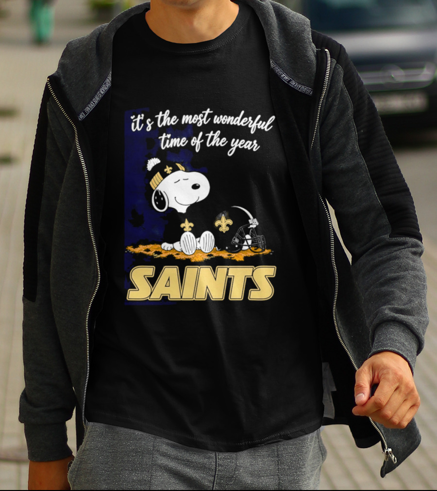 New Orleans Saints Snoopy Beanie Helmet Autumn Leaves Most Wonderful Time Of Year T-Shirt