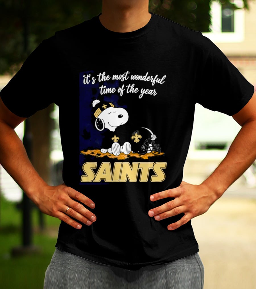 New Orleans Saints Snoopy Beanie Helmet Autumn Leaves Most Wonderful Time Of Year T-Shirt