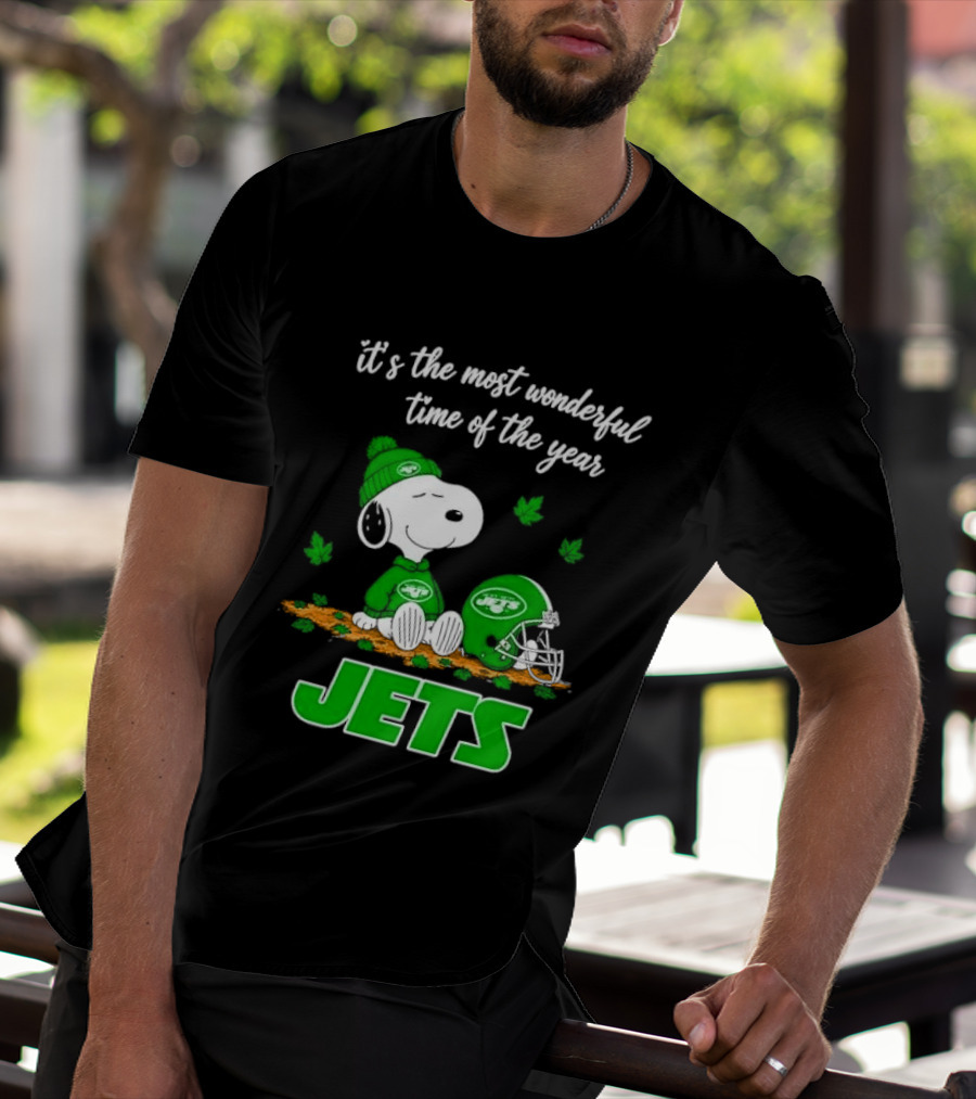 New York Jets It's The Most Wonderful Time Of Year Cartoon Dog Beanie Helmet Autumn Leaves T-Shirt