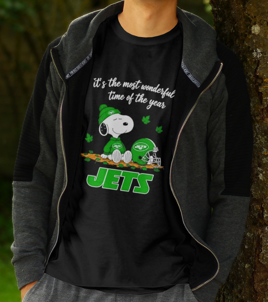 New York Jets It's The Most Wonderful Time Of Year Cartoon Dog Beanie Helmet Autumn Leaves T-Shirt