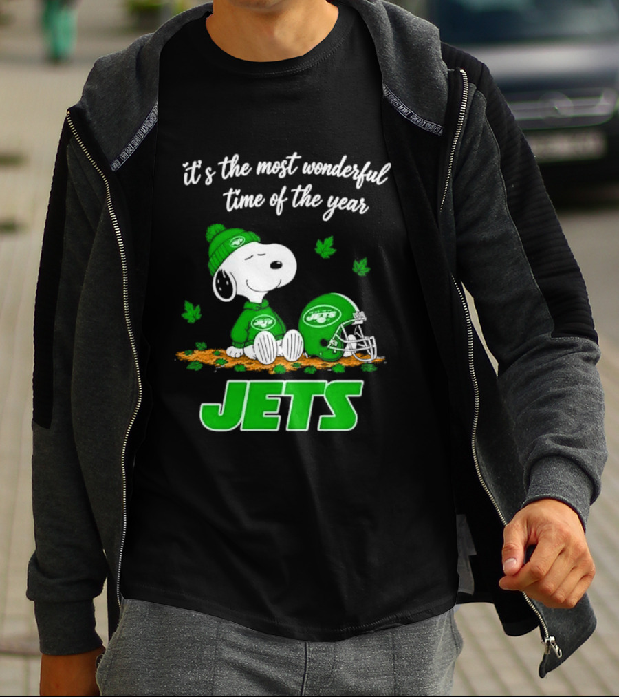 New York Jets It's The Most Wonderful Time Of Year Cartoon Dog Beanie Helmet Autumn Leaves T-Shirt