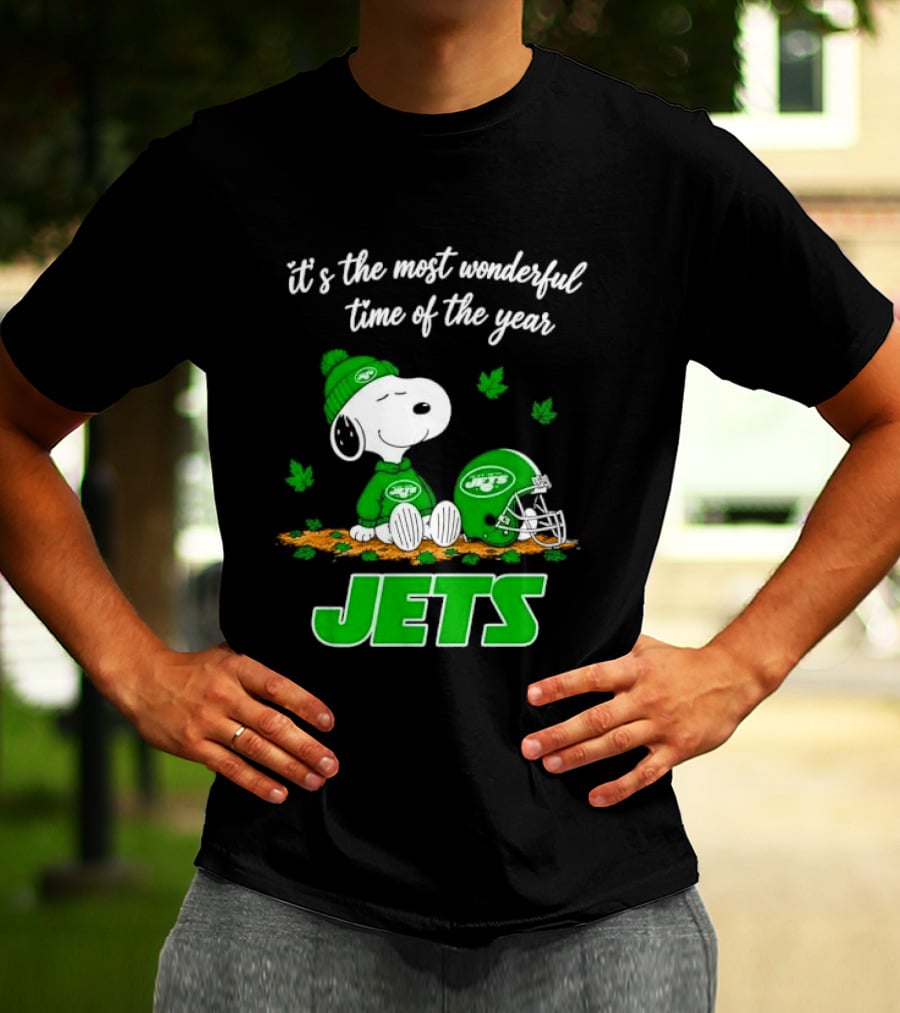 New York Jets It's The Most Wonderful Time Of Year Cartoon Dog Beanie Helmet Autumn Leaves T-Shirt
