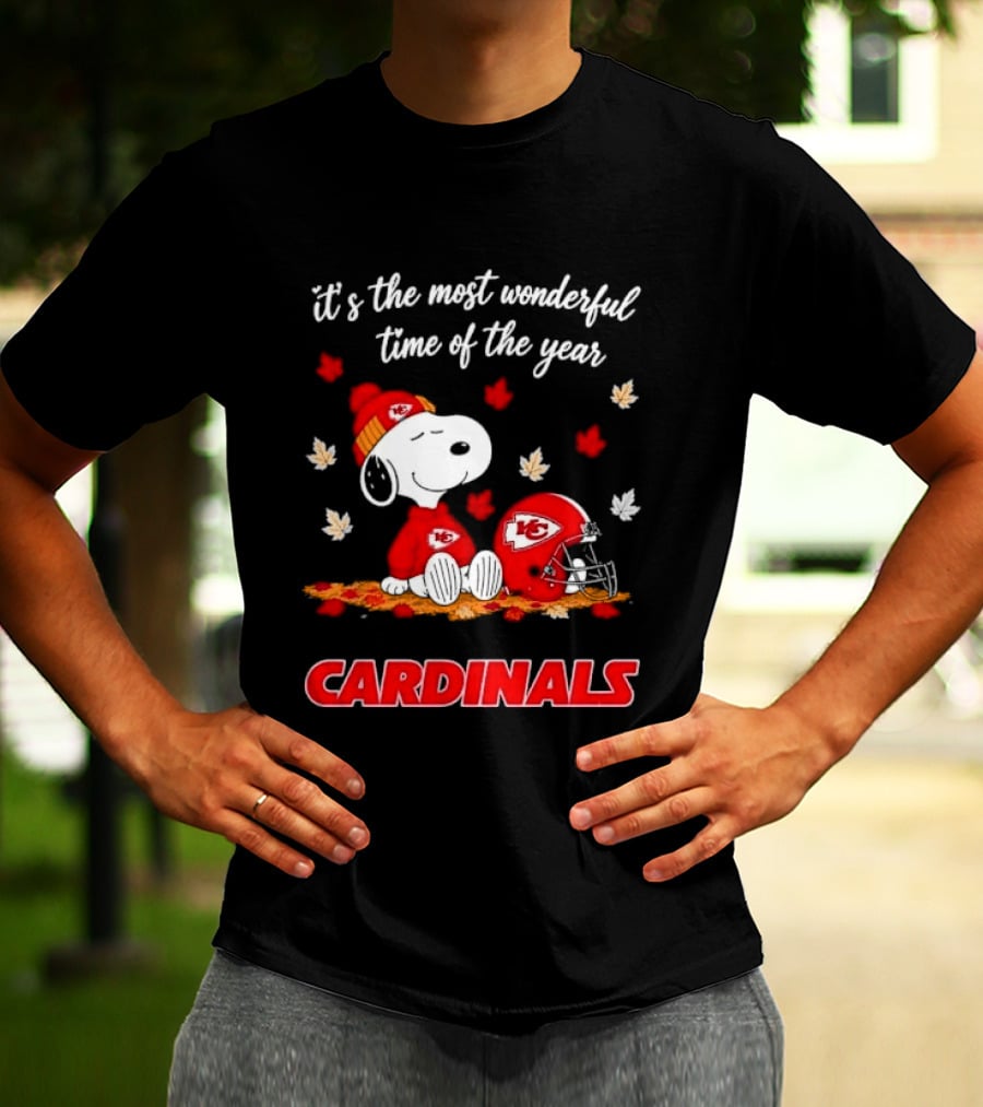 Kansas City Chiefs Snoopy Cardinals Autumn Leaves Helmet Wonderful Time Of Year T-Shirt