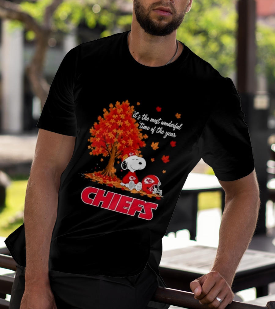 Kansas City Chiefs Snoopy Autumn Tree Football Helmet Most Wonderful Time Of The Year T-Shirt