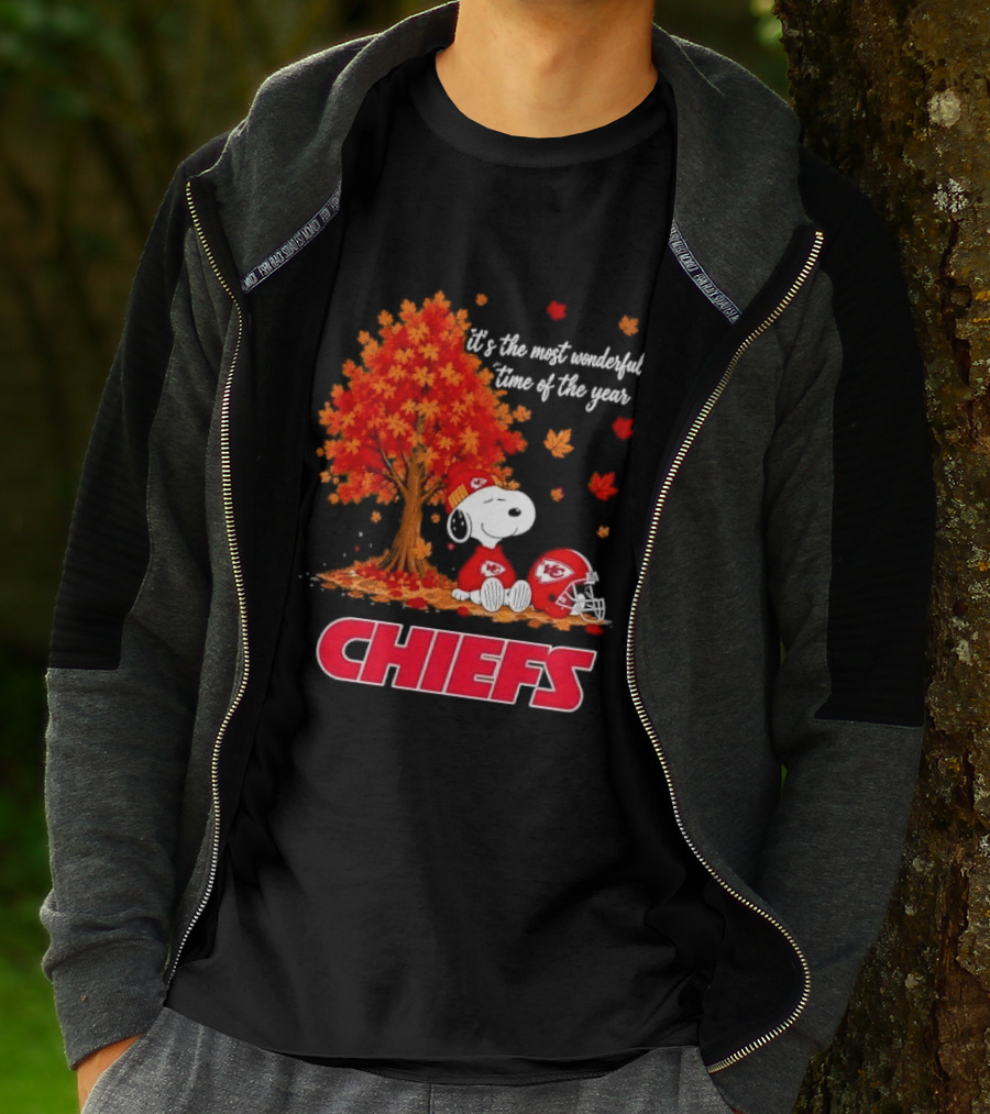Kansas City Chiefs Snoopy Autumn Tree Football Helmet Most Wonderful Time Of The Year T-Shirt