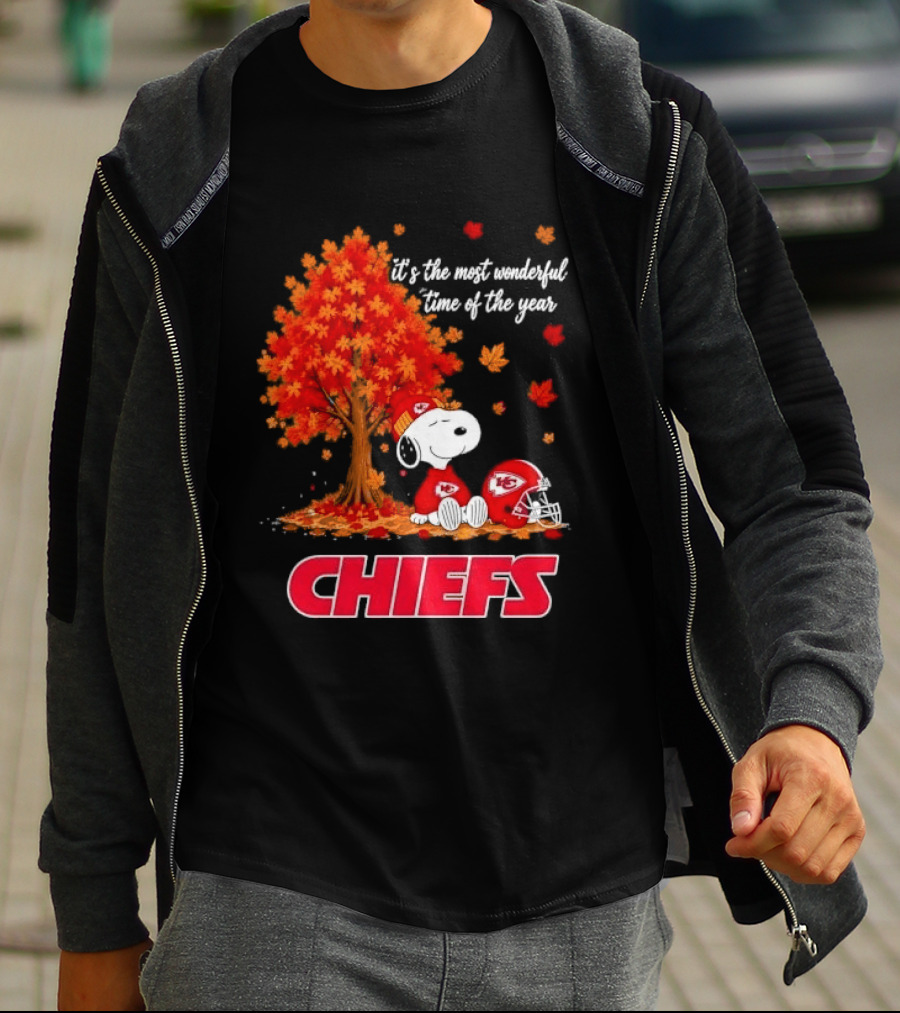 Kansas City Chiefs Snoopy Autumn Tree Football Helmet Most Wonderful Time Of The Year T-Shirt