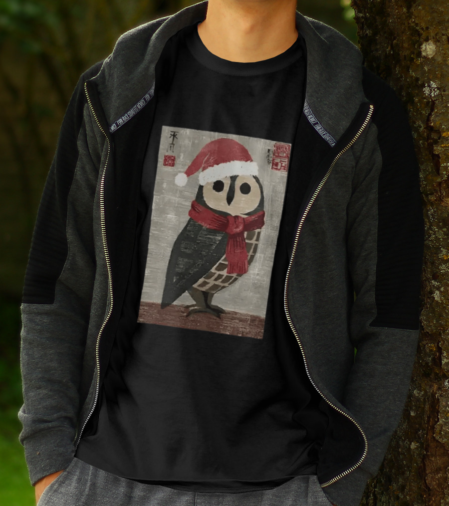 Owl With Red Santa Hat And Scarf Japanese Calligraphy T-Shirt