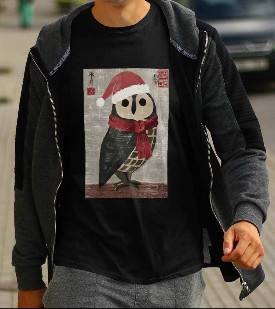 Owl With Red Santa Hat And Scarf Japanese Calligraphy T-Shirt
