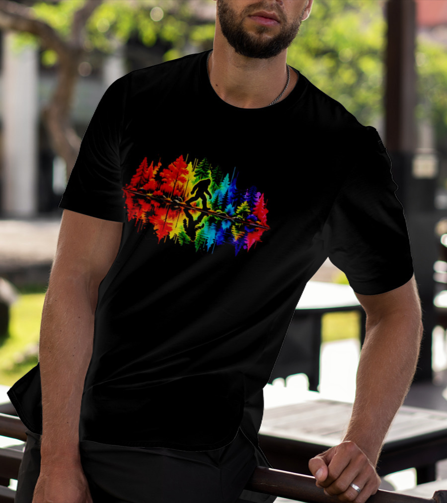 Rainbow Bigfoot Forest Reflection T-Shirt