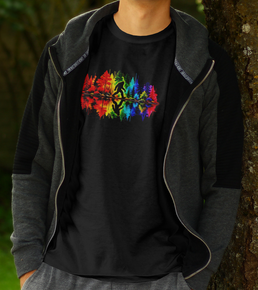 Rainbow Bigfoot Forest Reflection T-Shirt