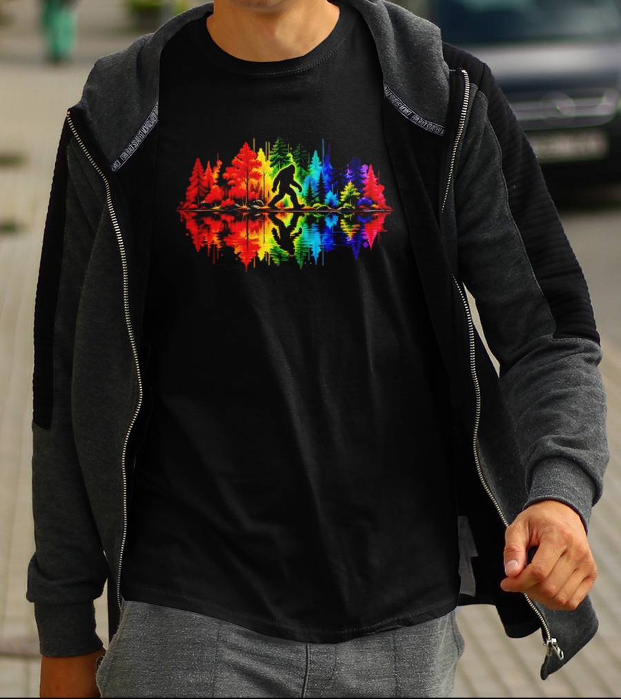 Rainbow Bigfoot Forest Reflection T-Shirt