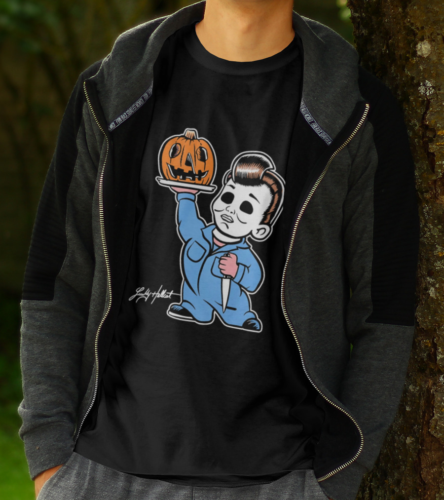Lucky Hellcat Michael Myers Cartoon Pumpkin Knife Caricature T-Shirt