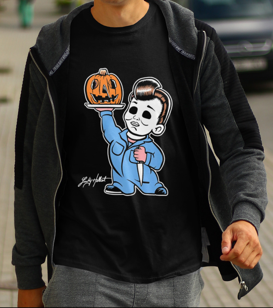 Lucky Hellcat Michael Myers Cartoon Pumpkin Knife Caricature T-Shirt