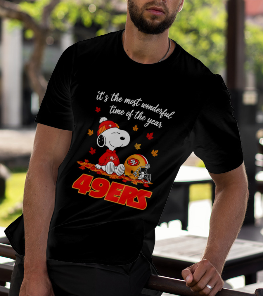 San Francisco 49ers Snoopy Beanie Autumn Leaves Most Wonderful Time T-Shirt