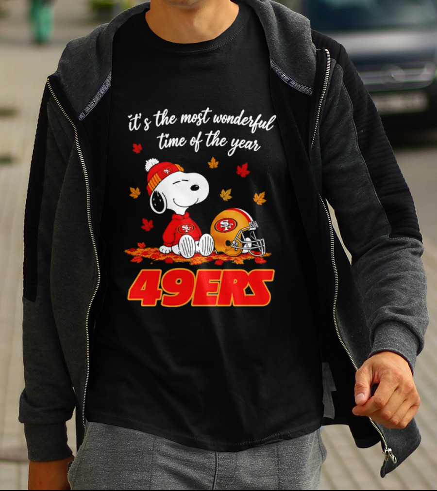 San Francisco 49ers Snoopy Beanie Autumn Leaves Most Wonderful Time T-Shirt
