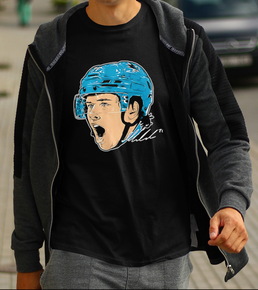 San Jose Sharks NHL 71 Yelling Hockey Player Helmet Caricature T-Shirt