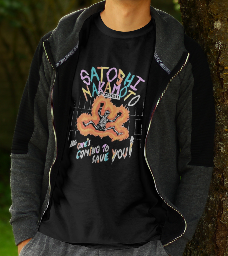 Satoshi Nakamoto Flaming Skeleton No Ones Coming To Save You Los Angeles Candle Cartoon T-Shirt