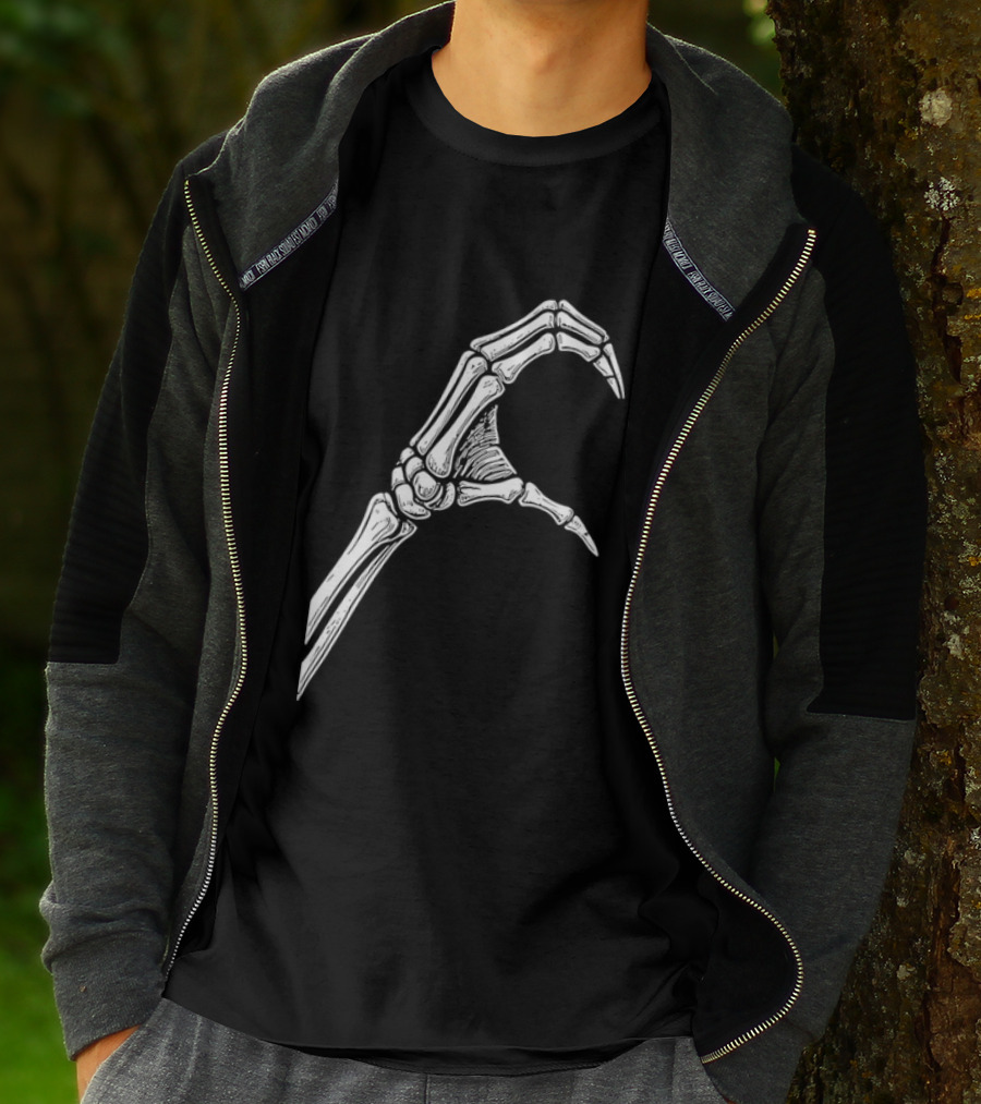 Skeleton Bone Hand Half Heart Gesture Line Sketch T-Shirt