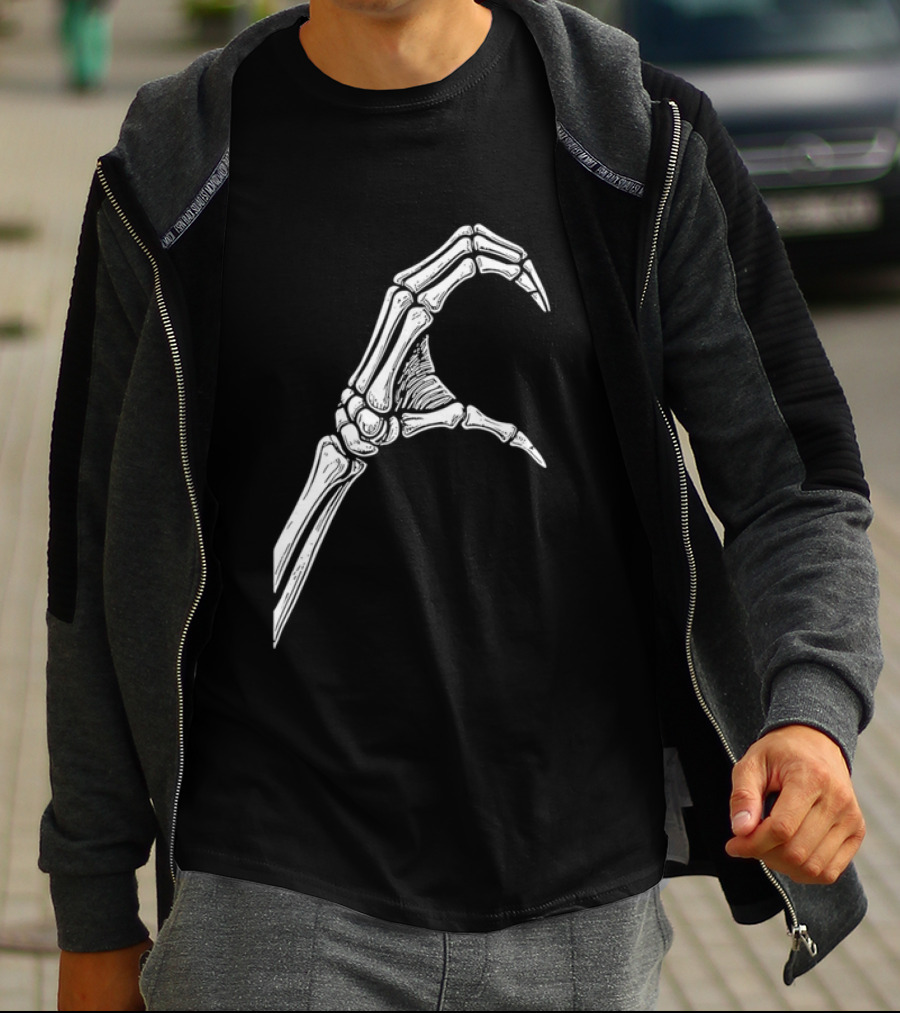 Skeleton Bone Hand Half Heart Gesture Line Sketch T-Shirt