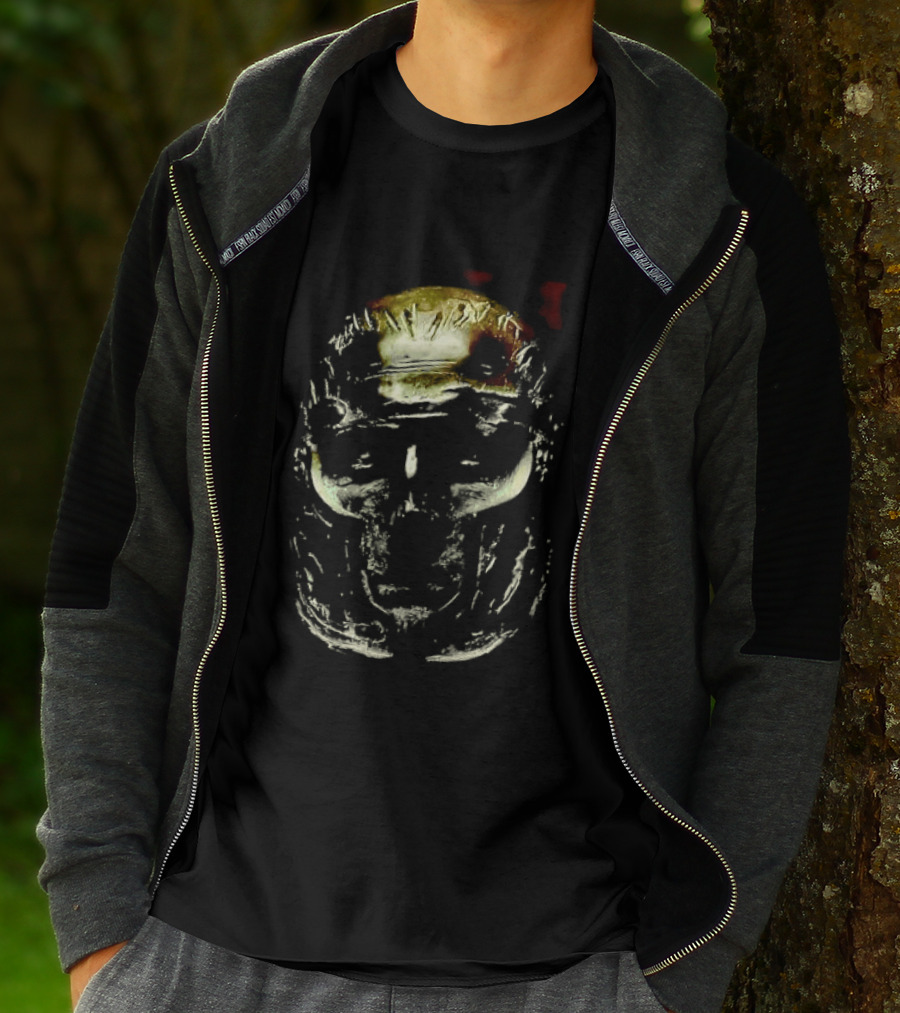 Dark Metallic Sculpted Skull Mask With Stylized Roman T-Shirt