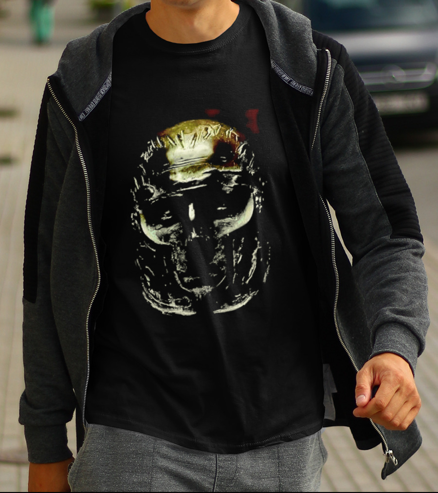 Dark Metallic Sculpted Skull Mask With Stylized Roman T-Shirt