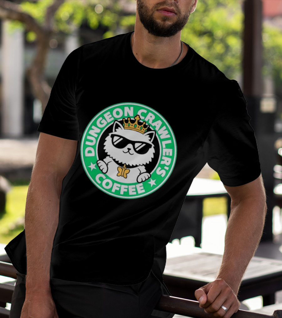 Dungeon Crawlers Coffee White Cat Crown Sunglasses T-Shirt
