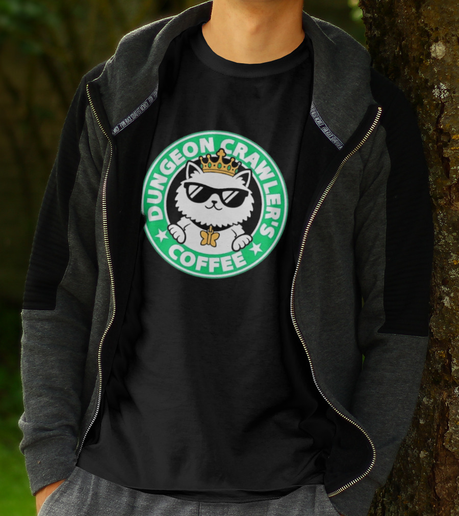 Dungeon Crawlers Coffee White Cat Crown Sunglasses T-Shirt