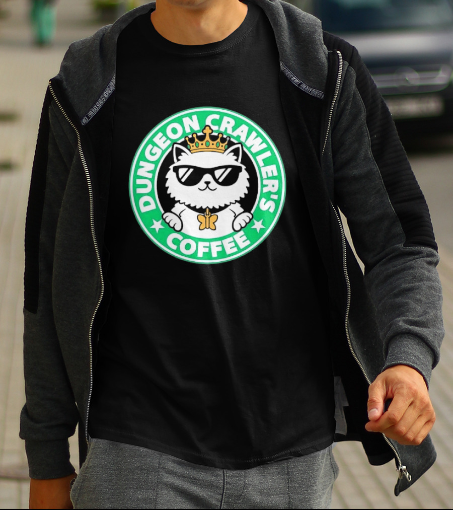 Dungeon Crawlers Coffee White Cat Crown Sunglasses T-Shirt