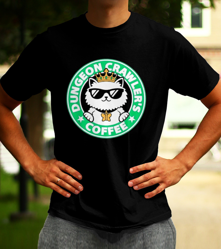 Dungeon Crawlers Coffee White Cat Crown Sunglasses T-Shirt