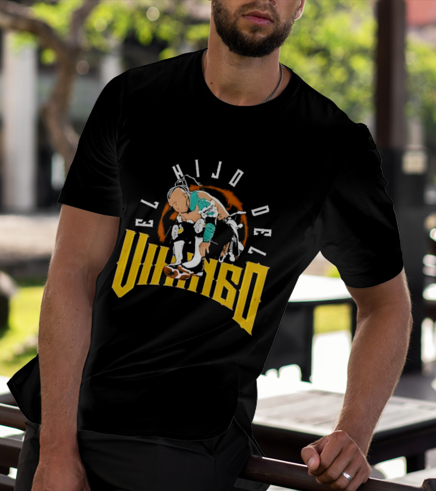 El Hijo Del Vikingo Crouching Wrestler Brown Yellow Text And Image T-Shirt