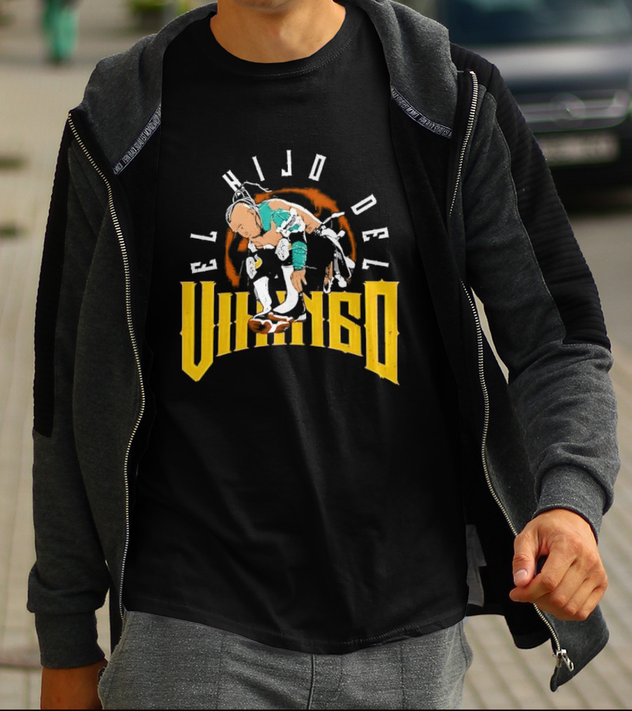 El Hijo Del Vikingo Crouching Wrestler Brown Yellow Text And Image T-Shirt