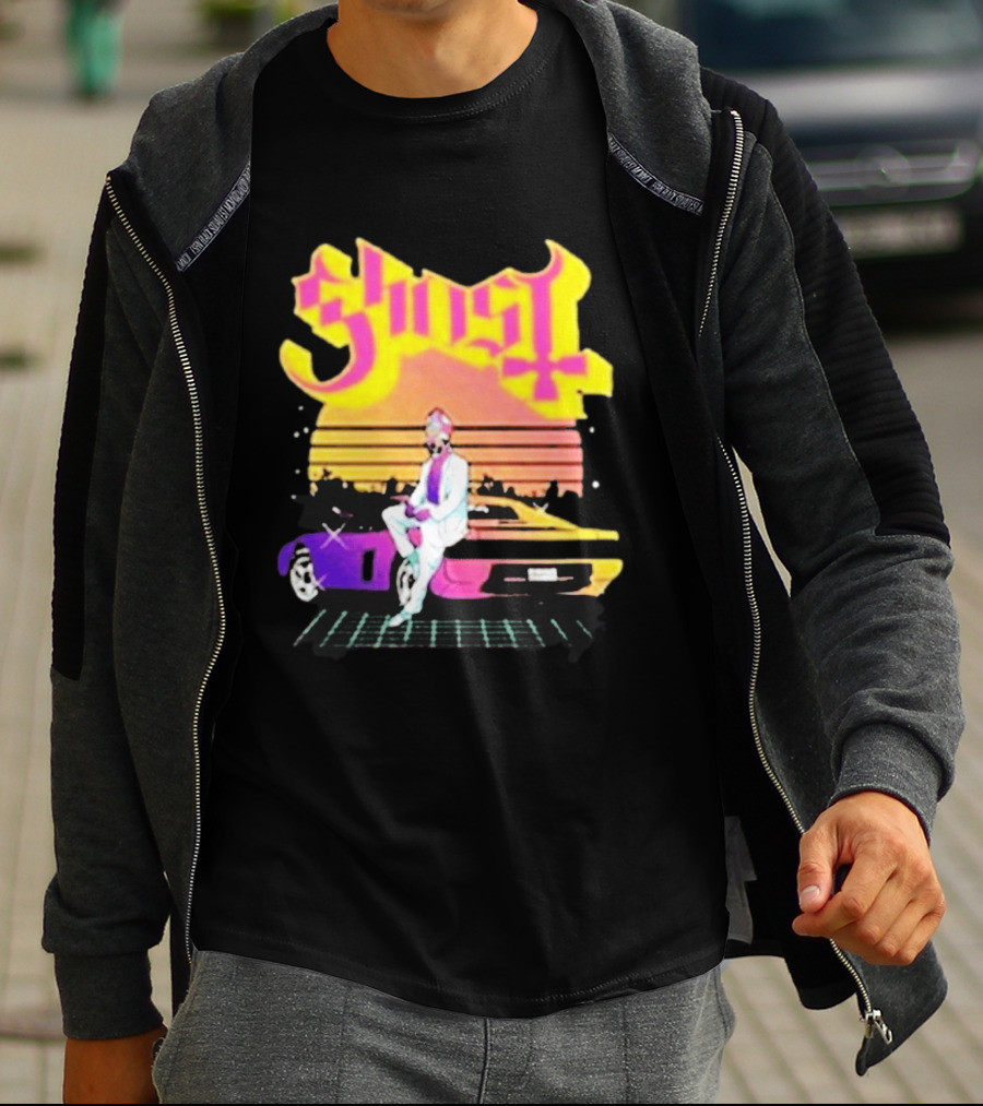 Ghost Miami Vice Retro Sunset Car Scene T-Shirt