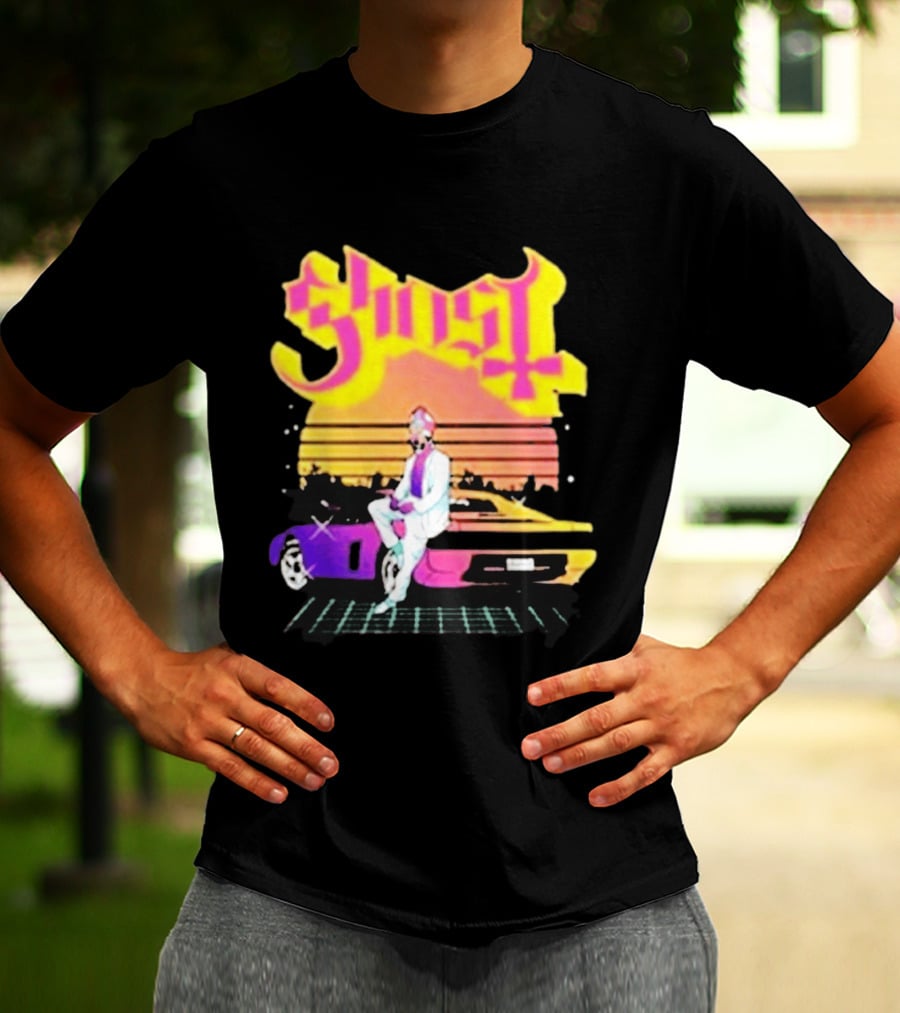 Ghost Miami Vice Retro Sunset Car Scene T-Shirt