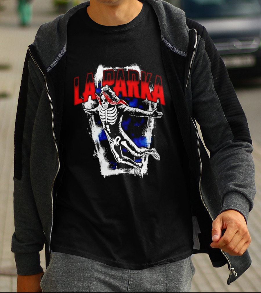 LA Parka Masked Skeleton Wrestler Jumping Distressed Frame T-Shirt